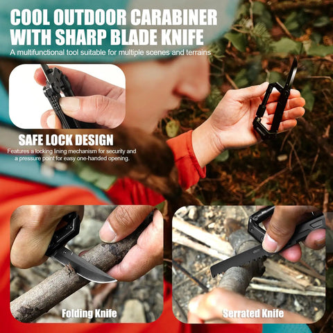 8 In 1 Heavy Duty Carabiner Multitool EDC Pocket Knife Serrated Knife in use outdoors, demonstrating lock design and blade functions