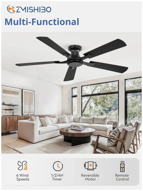 52 Inch Flush Mount Ceiling Fan With Remote Control, Dope Low Profile Black Design, Quiet DC Motor in modern living room