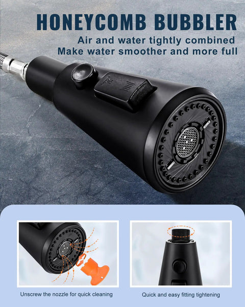 Heavy Duty Pull Down Kitchen Faucet Head Replacement delivering crisp stream and powerful spray nozzle with honeycomb bubbler