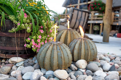 Golden Barrel Cactus Torch Outdoor Yard Art In Weatherproof Steel Large 18 Inch Wide By 13 Inch High Lawn Decor That Burns For 4 To 6 Hours Southwestern Desert Tiki Light For Backyard Vibes