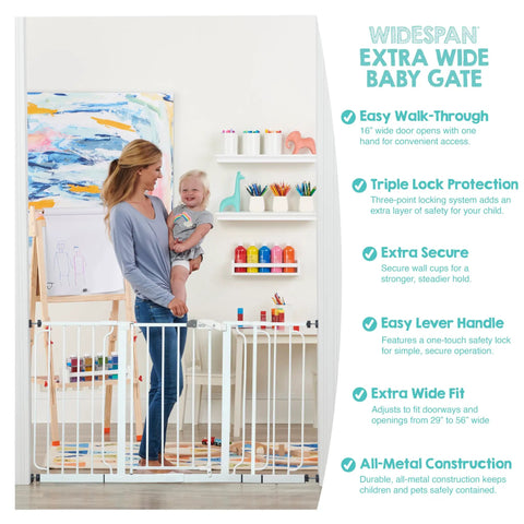 Woman holding child near extra wide baby gate for doorways and stairs 29 to 56 inches, pressure mounted safety gate for babies and pets