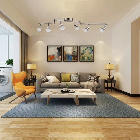 Living room with six light dimmable track lighting kit with flexible foldable arms in satin nickel finish for sleek modern home lighting