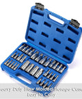 Open blue case with 33-piece All-In-One Hex Socket Master Set 1/4 3/8 1/2 Inch Drive Sockets SAE Metric Allen S2 CR-V Rust-Resistant