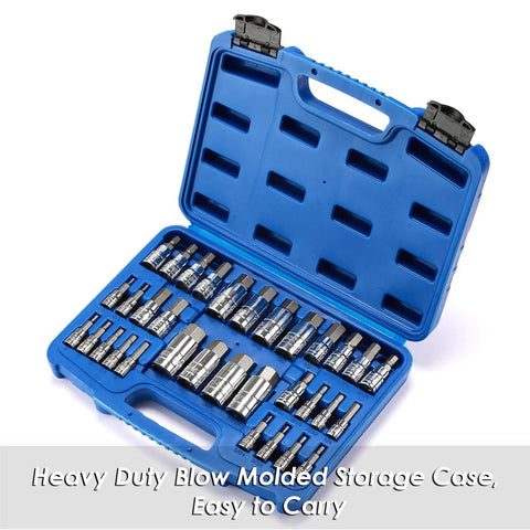 Open blue case with 33-piece All-In-One Hex Socket Master Set 1/4 3/8 1/2 Inch Drive Sockets SAE Metric Allen S2 CR-V Rust-Resistant