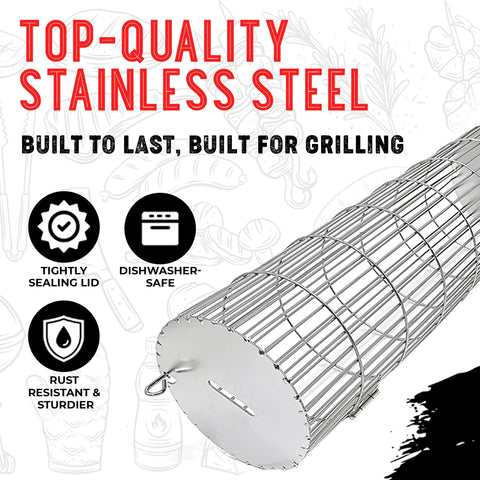 Rolling Grill Basket With Removable Wooden Handle, Extra Sturdy Food Grade Stainless Steel Grill Net Rack and features