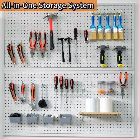 Heavy Duty Pegboard Hooks Kit With 90 Pieces For Garage And Workshop Organization installed on wall with tools.