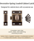 Large Antique Brass Cabinet Door Latch Fitted With Slick Oval Turn Knob For Smooth Cupboard Operation, set includes screws.