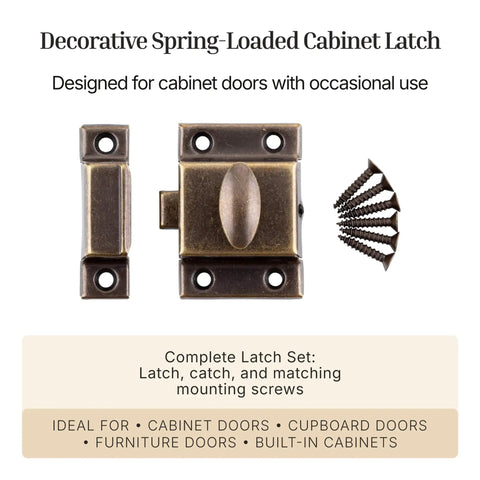 Large Antique Brass Cabinet Door Latch Fitted With Slick Oval Turn Knob For Smooth Cupboard Operation, set includes screws.