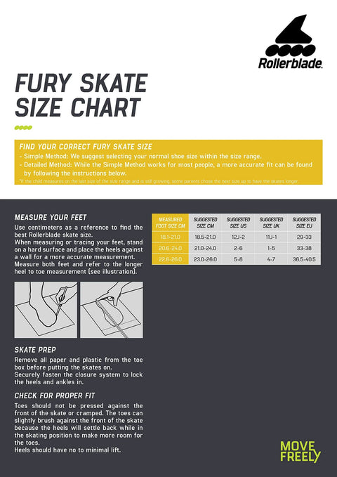 Fury skate size chart with measurement instructions and detailed sizing table for accurate fit recommendations.