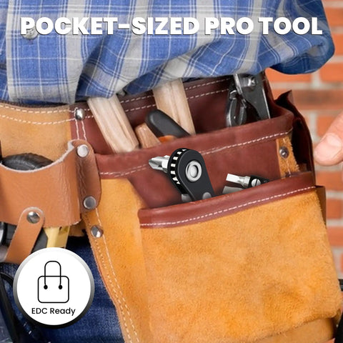 11 Piece Right Angle Screwdriver Set With Multi Bits shown in tool belt pocket, ideal for tight spaces and quick fixes.