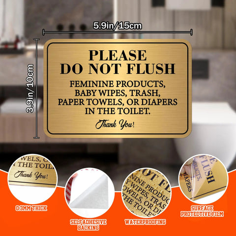 2 Pack Do Not Flush Sign Self Adhesive Gold And Black Toilet Rule Sticker For Bathrooms And Offices Do Not Flush Anything Except Toilet Paper For Home And Business Use 5.9 By 3.9 Inches on bathroom wall