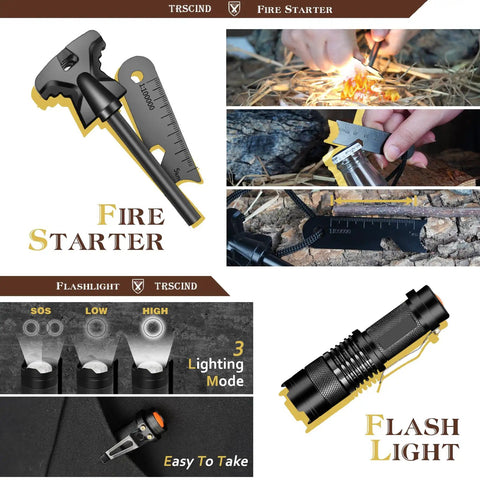 14 In 1 Survival Kit For Men Gift For Him Dad Husband Emergency Gear And Equipment showing fire starter and flashlight usage.