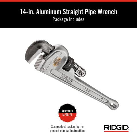 14 Inch Aluminum Straight Pipe Wrench for 2 Inch Pipe Capacity with Quick Ratcheting Action and Full Floating Forged Alloy Jaws