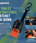 Mini G3 Self Retracting Ratchet Straps Set, 1400 Lb Break Strength, 1 Inch Wide, for Trailers, ATVs, Motorcycles