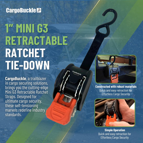 Mini G3 Self Retracting Ratchet Straps Set, 1400 Lb Break Strength, 1 Inch Wide, for Trailers, ATVs, Motorcycles