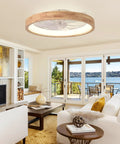24 Inch Wood Fandelier Ceiling Fan With Integrated Light Flush Mount Frame features sleek wood design in a modern living room setting.