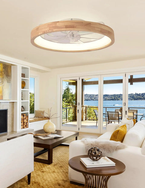 24 Inch Wood Fandelier Ceiling Fan With Integrated Light Flush Mount Frame features sleek wood design in a modern living room setting.