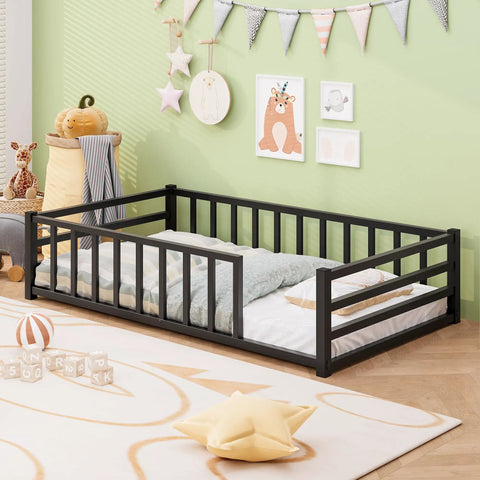 Toddler Floor Bed With Guardrails And Door Kid Friendly Twin Size Montessori Bed For Two To Five Year Olds