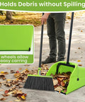 Triple Pack Super Sized Commercial Broom And Dustpan Set With Extra Long Handle Rigged Tough Standing Scoop For Indoors And Outdoors Dead Simple Heavy Duty Cleanup with vibrant green dustpan and broom.
