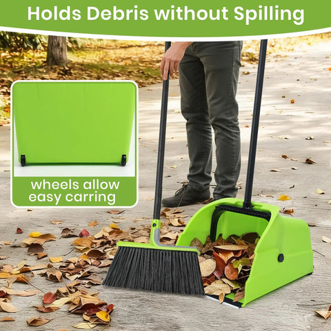 Triple Pack Super Sized Commercial Broom And Dustpan Set With Extra Long Handle Rigged Tough Standing Scoop For Indoors And Outdoors Dead Simple Heavy Duty Cleanup with vibrant green dustpan and broom.