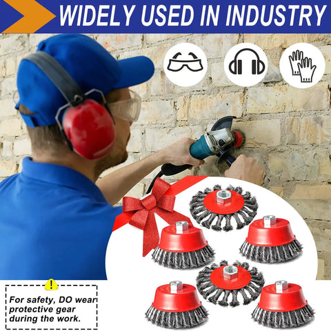 Worker using Four Inch Wire Wheel Brush Set For Grinder Six Pack For Four And A Half Inch Angle Grinder With Five Eighth Inch Eleven Threaded Arbor Coarse Crimped Twisted Knotted Cup Brush Heavy Duty Rust Busting And Surface Cleaning on wall.