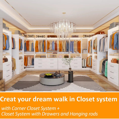 Modular Closet System With Adjustable Wardrobe Shelving And Nine Wooden Drawers For L Shaped Corner Flex Layout Heavy Duty Custom Walk In Storage Rack Knockout Bedroom Organization DIY Assemble Ready