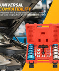 Front view of red 22-piece crank bearing camshaft seal remover and installer tool kit in open case with blue and silver tools.