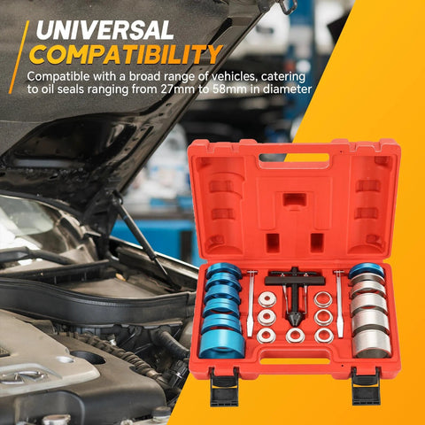 Front view of red 22-piece crank bearing camshaft seal remover and installer tool kit in open case with blue and silver tools.