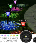 Solar Outdoor Path Lights 6 Pack With Lit Color Changing And Static Warm Glow Modes illuminating a garden pathway