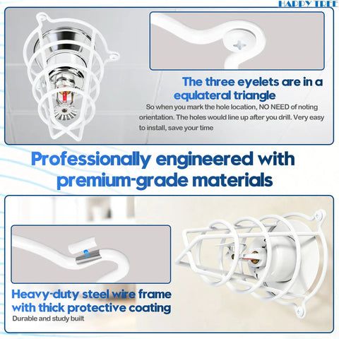 Heavy Duty White Fire Sprinkler Head Guard Cover 4 Pack with steel wire frame and protective coating, easy installation.