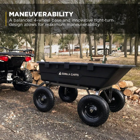 Heavy-Duty Poly Yard Dump Cart With 10 Cu Ft Tub And 1500 Lb Haul Capacity, towable wagon in a woodland setting