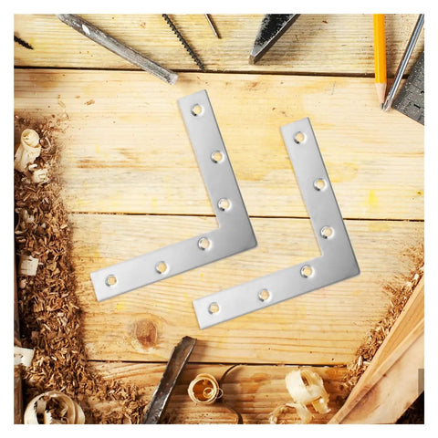 Heavy Duty Stainless Steel L Shaped Corner Braces For Wood Panels And Shelves, 90 Degree Metal Mending Plates on wooden table