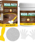 Super Tough White Wood Filler To Fill Cracks And Scratches Fast Easy Paintable Sandable Putty For Furniture Touch Ups with spatula and gloves.