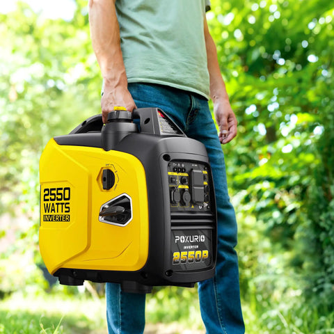 Man holding 2550W Portable Inverter Generator For Home Use With 1.06 Gallon Fuel Tank And Up To 10 Hours Runtime 120V Gas Powered