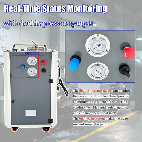 Heavy Duty Pneumatic Chip And Sludge Removal Machine For CNC Workshops with double pressure gauges for monitoring pressure.