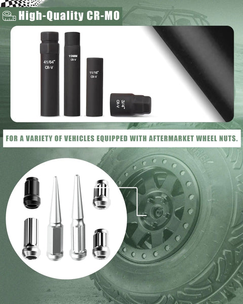 Eight-Piece Lug Nut Socket Set With Spline Sockets, CR-V steel, shown with various sockets and car wheel illustration