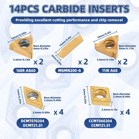 14-piece carbide inserts for 21-Piece Indexable Lathe Tool Set With 7 Half Inch Shanks And Carbide Inserts For Turning