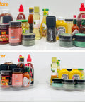 Two Large 13 Inch Lazy Susan Cabinet Organizer Two Pack Non Slip Clear Turntable Storage Tray For Pantry Kitchen Countertop And Bathroom Space Saving Easy Reach Rotating Organizer For Cabinets And Shelves demonstrating before and after organization of condiments and jars.