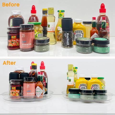 Two Large 13 Inch Lazy Susan Cabinet Organizer Two Pack Non Slip Clear Turntable Storage Tray For Pantry Kitchen Countertop And Bathroom Space Saving Easy Reach Rotating Organizer For Cabinets And Shelves demonstrating before and after organization of condiments and jars.