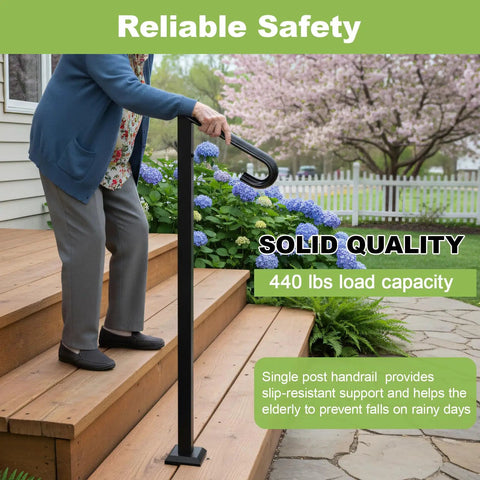 Person using Heavy Duty Outdoor Stair Handrail For One To Two Steps, 38 Inch Wrought Iron Single Post, rustproof, black.
