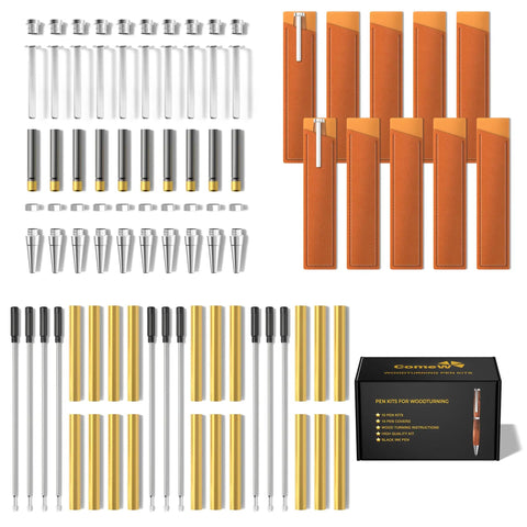 10 Pack Silver Twist Slimline Woodturning Pen Kit Set With Black Ink Bonus Covers And Lathe Turning Essentials for DIY crafting