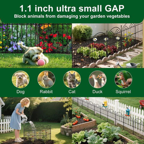 17 Inch Tall Garden Fence Set 28 Foot Long Arched Rustproof Metal No Dig Border Fencing with Stakes and Panels Installed in Yard