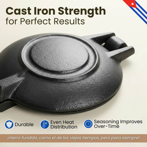 Traditional Cuban Sandwich Press Disquera De Pan Cubano 15 Inch Heavy Duty Cast Iron Grill showing durable cast iron design.