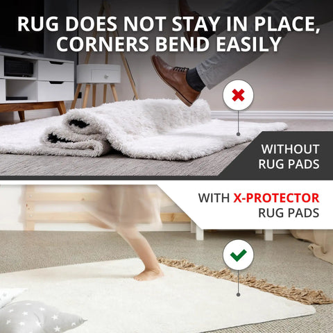 Comparison image showing rug curling without Ultra Thin Rug Tape For Carpets 12 Pcs Set No Slip Corner Grippers, with rug flat using them.