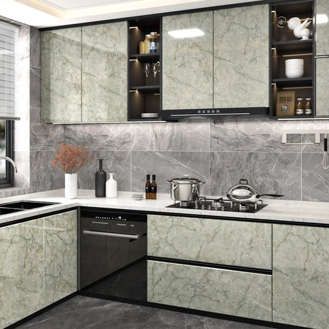 Kitchen with Green Marble Vinyl Contact Paper Peel And Stick For Cabinets And Countertops Waterproof Self Adhesive Covering