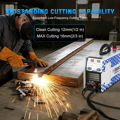 All In One 130 Amp Plasma Cutter Welder Combo With Dual Voltage 120 Volt And 240 Volt displayed with cutting sparks