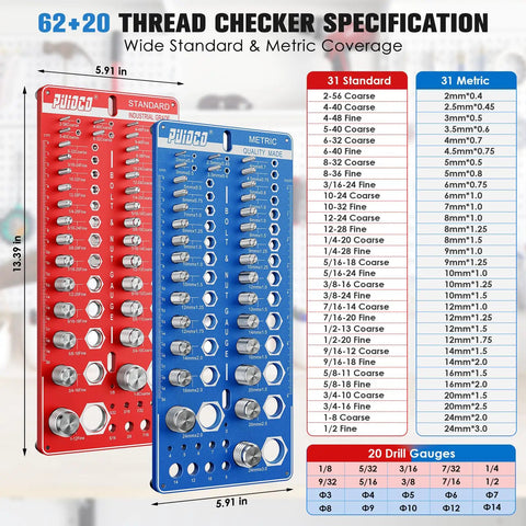 82 Nut And Bolt Thread Checker Kit With Standard And Metric Gauges For The Garage Or Shop, SAE And Metric Thread Gauge includes chart.