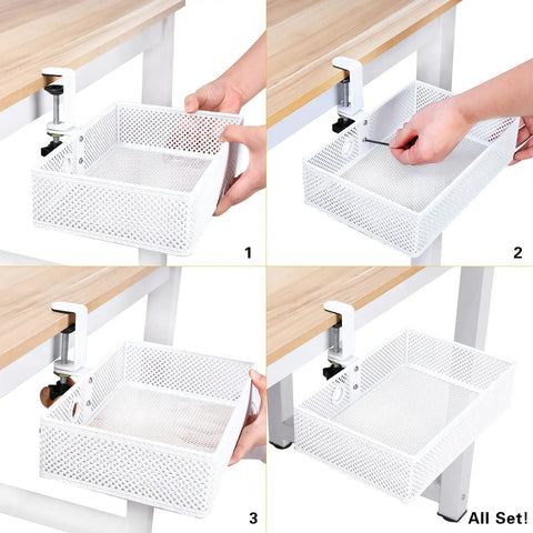 Mesh Desk Organizer With Clamp-On Swivel Pencil Drawer Hidden Under Desk Storage Space Saver And Extra Sturdy C-Clamp Mount Easy Install For Small Desks Home Office And Art Supply Storage White, shown in installation steps under a wooden desk.