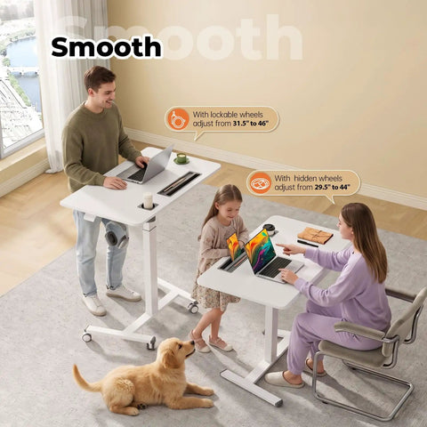 Flex Your Workspace Routine With This Slick Rollaway Standing Desk Featuring A Roomy Desktop Pull Out Storage Bin Built In Mug Holder Heavy Duty Side Hooks And Easy Glide Wheels, showing a man, girl, and woman using desks.