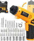 Heavy Duty 4V Cordless Electric Screwdriver Set Featuring 46 Precision Driver Bits In A Slick Carrying Case, angled view with bits.